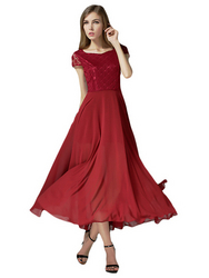 Red Patch Lace Maxi Chiffon Dress  