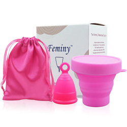 0Feminy Reusable Silicone Menstrual Cup with Safety Bag and Sterilizer Large (32 ml), Small (22 ml), XS (16 ml) - Multicolored 
