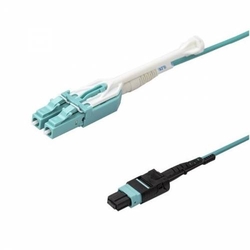 12 Fiber Mm Om3 Mpo Lc Break Out Cable With Pulling Eye, 12f Mpo Female to 6 X Lc Duplex Fan Out, Low Loss OFNP (Plenum), Om3 Multimode, Aqua, Push Pull Uniboot Connector, Polarity B, For Sr4 40g 100g Transceiver