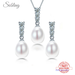 Sobling bridal women geometric long bail natural freshwater teardrop dangling pearl jewelry set with 925 sterling silver and white rhodium plating