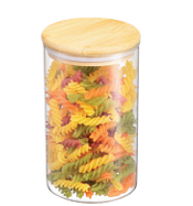 Nikko round glass canister with bamboo lid.