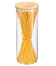 Nikko round glass canister with bamboo lid.