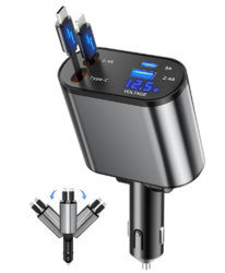 Retractable Car Charger, 4 in 1 Fast Charging Car Charger USB-C & USB-A Compatible with iPhone 16/15/14/13/12/11,Galaxy,Pixel