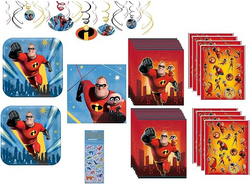 The Incredibles Birthday Party Supplies Bundle Pack Includes 16 Paper Plates, 16 Napkins, 12 Piece Hanging Swirl Decorations, 16 Loot Bags, 8 Sticker Sheets