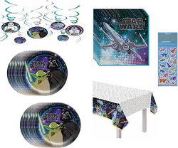 Star Wars Galaxy of Adventures Birthday Party Supplies Bundle for 16 includes 16 Paper Plates 9", 16 Paper Napkins, 1 Table Cover, 12 Piece Foil Swirl Hanging Decorations, 1 Dinosaur Sticker Sheet from SKANDA INTERNATIONAL FZ LLE