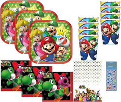 Super Mario Brothers Birthday Party Supplies Bundle Pack includes 16 Dessert Cake Paper Plates, 16 Beverage Napkins, 16 Paper Cups, 1 Plastic Table Cover, 1 Dinosaur Sticker Sheet (Bundle for 16) from SKANDA INTERNATIONAL FZ LLE