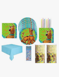 Scooby-Doo Birthday Party Supplies Bundle Pack Serves 16 includes 16 Plates, 16 Napkins, 16 Cups, 1 Blue Table Cover, 24 Birthday Candles, 1 DInosaur Sticker Sheet