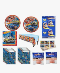 Hot Wheels Birthday Party Supplies Bundle includes 16 Paper Plates, 16 Napkins, 1 Table Cover, 16 Loot Bags, 6 CupCake Holder, 2 Roll Crepe Paper Streamer, 24 Stickers from SKANDA INTERNATIONAL FZ LLE