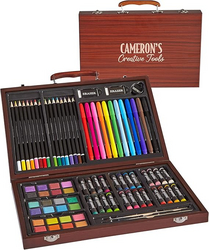 Let's Make Memories Personalized 80-Piece Deluxe Art Set - for Kids - Wood Carrying Case - Oil Crayons, Colored Pencils, Watercolors - Arts & Crafts - Add a Name - 2 Line Message