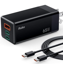 Ruko 65W USB C Charger, 3 Port Compact Foldable GaN Fast Charging Block Wall Charger for MacBook, Galaxy, Dell, Note, iPhone, iPad, Pixel and More (4ft USB-C Cable Included) from SKANDA INTERNATIONAL FZ LLE