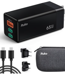 Ruko 65W USB C Charger, 3 Port International Travel Charger Kit, GaN Fast Charging Block with Portable Bag, UK EU Plug for iPhone 17/16, Galaxy S24, MacBook, iPad, Drones and More from SKANDA INTERNATIONAL FZ LLE