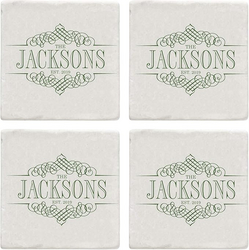 Personalized Coasters - Set of 4 - Family Name Personalization - Made from Tumbled Stone with Chiseled Edges - Green Lettering - Family Name from SKANDA INTERNATIONAL FZ LLE