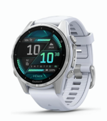 Garmin f?nix® 8 – 43mm, AMOLED, Premium Multisport GPS Smartwatch, Long-Lasting Battery Life, Dive-Rated, Built-in LED Flashlight, Silver with Whitestone Band from SKANDA INTERNATIONAL FZ LLE