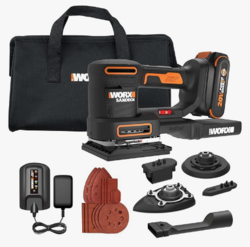 WORX Cordless Sander, 20V 10,000 orbits/minute Electric Sander, 5-in-1 Functions, Tool-less Sanding Pad Change, 20 V 2.0 Ah Battery and Charger Included, PowerShare from SKANDA INTERNATIONAL FZ LLE